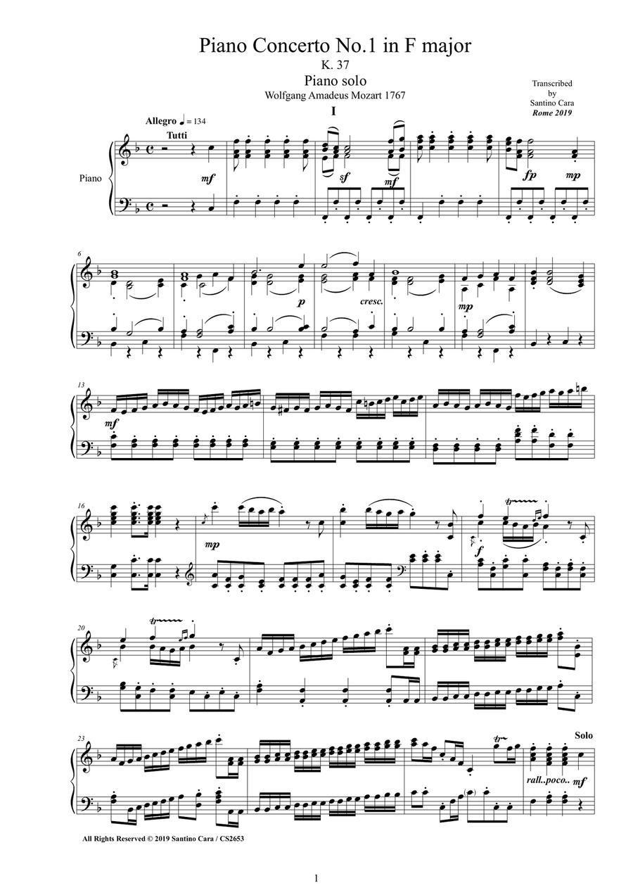 Mozart - Piano Concerto No.1 in F major K 37 for Piano version Mozart - Piano Concerto No.1 in F major K 37 for Piano version Piano Solo scores gallery preview page 1