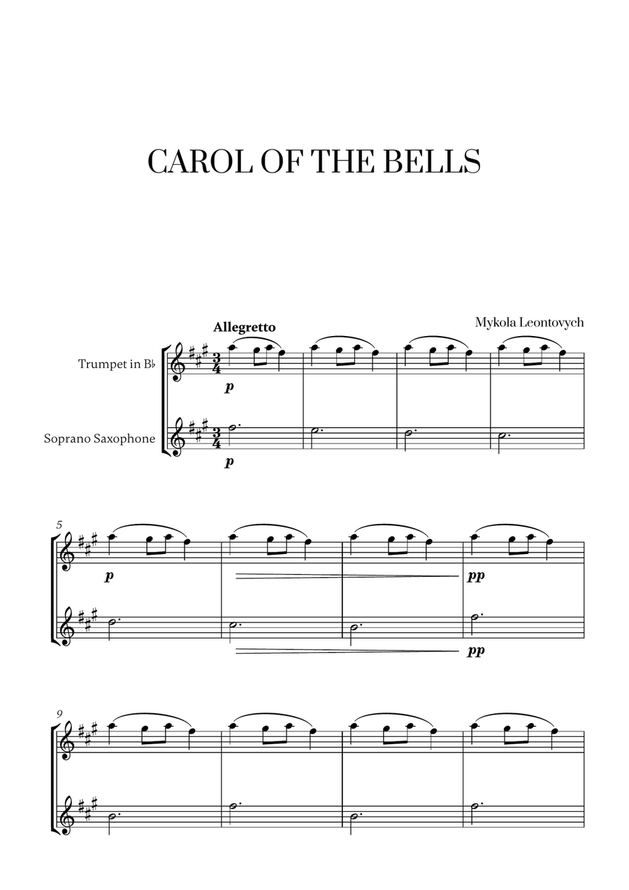 Carol of the Bells (for Trumpet and Soprano Saxophone) Soprano Saxophone scores gallery preview page 1