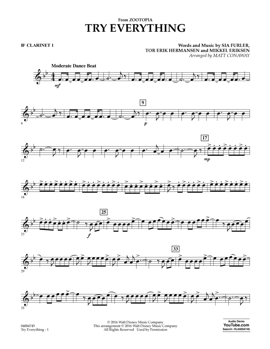 Try Everything (from Zootopia) - Bb Clarinet 1 B-Flat Clarinet scores gallery preview page 1