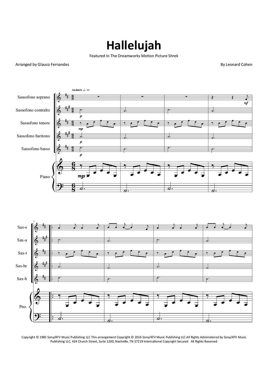 Hallelujah Saxophone Quintet scores gallery preview page 1