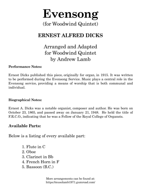 Ernest A. Dicks | Evensong (arr. for Wind Quintet) image number null