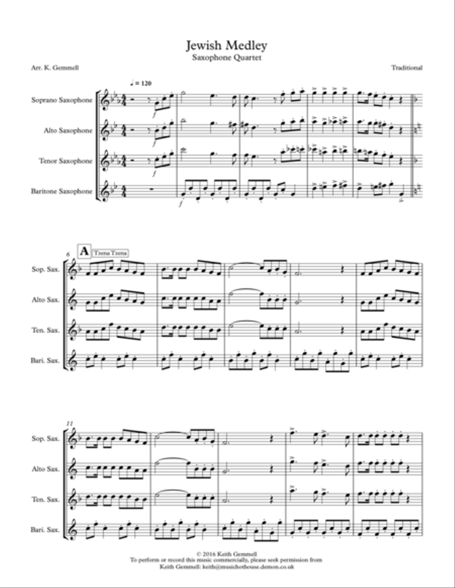 Jewish Medley: Saxophone Quartet Saxophone Quartet scores gallery preview page 1