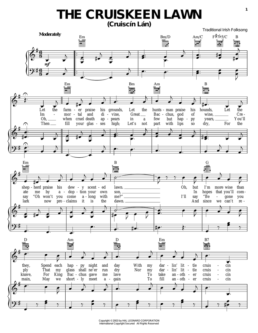 The Cruiskeen Lawn (Cruiscin Lan) Piano, Vocal, Guitar scores gallery preview page 1