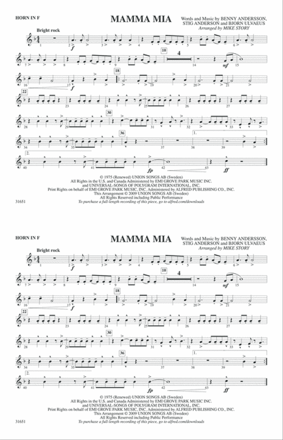 Mamma Mia: 1st F Horn Marching Band scores gallery preview page 1
