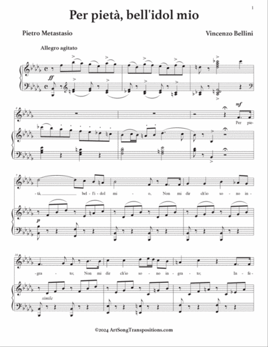 BELLINI: Per pietà bell'idol mio (transposed to B-flat minor) Voice scores gallery preview page 2