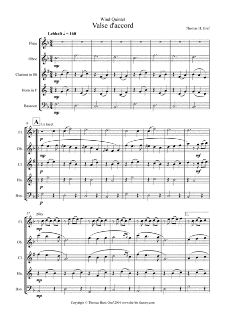 Valse daccord - romantic waltz - Wind Quintet Woodwind Quintet scores gallery preview page 2