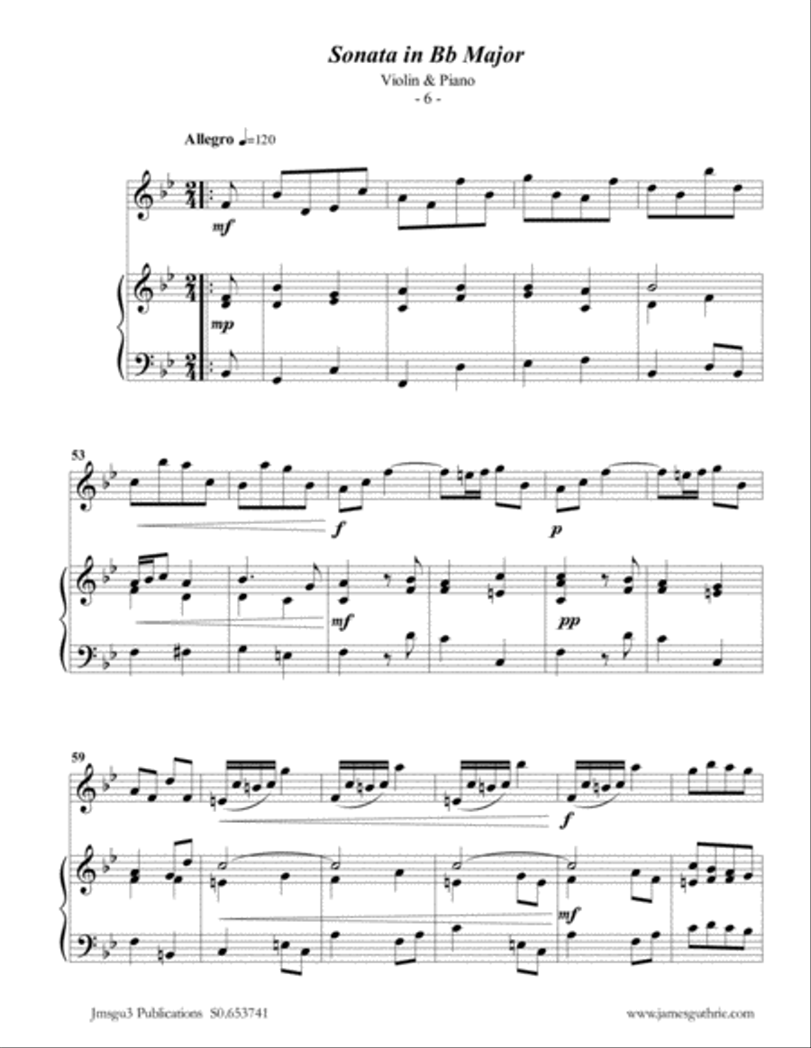 Telemann: Sonata in Bb Major for Violin & Piano Violin Solo scores gallery preview page 6