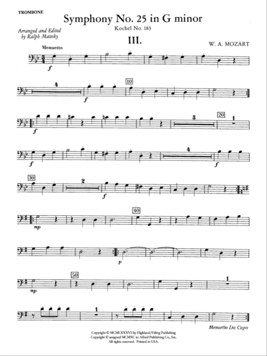 Mozart's Symphony No. 25 in G Minor, 3rd & 4th Movements: 1st Trombone Full Orchestra scores gallery preview page 1