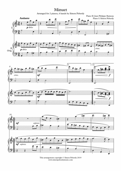 Minuet (J P Rameau) arranged for 2 pianos, 4 hands by Simon Peberdy image number null