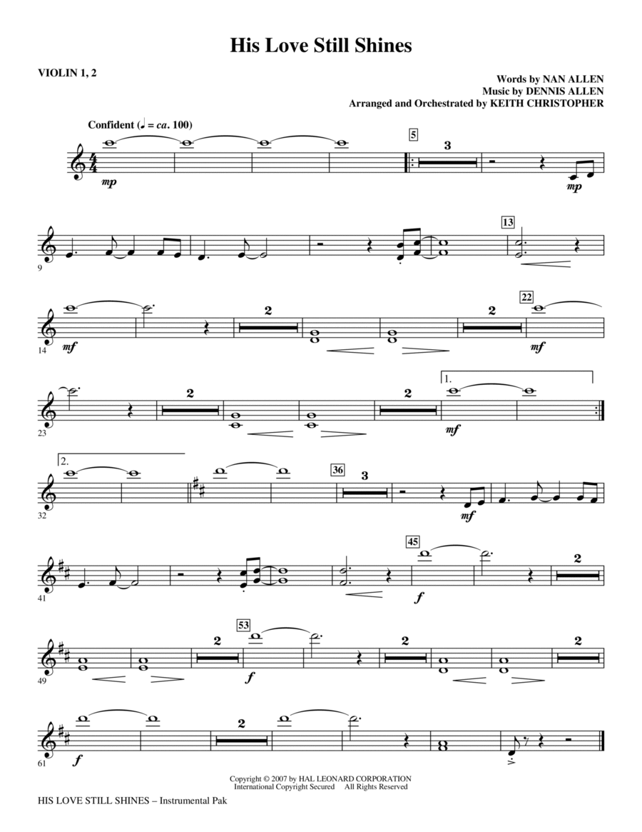 His Love Still Shines - Violin 1, 2 Choir scores gallery preview page 1