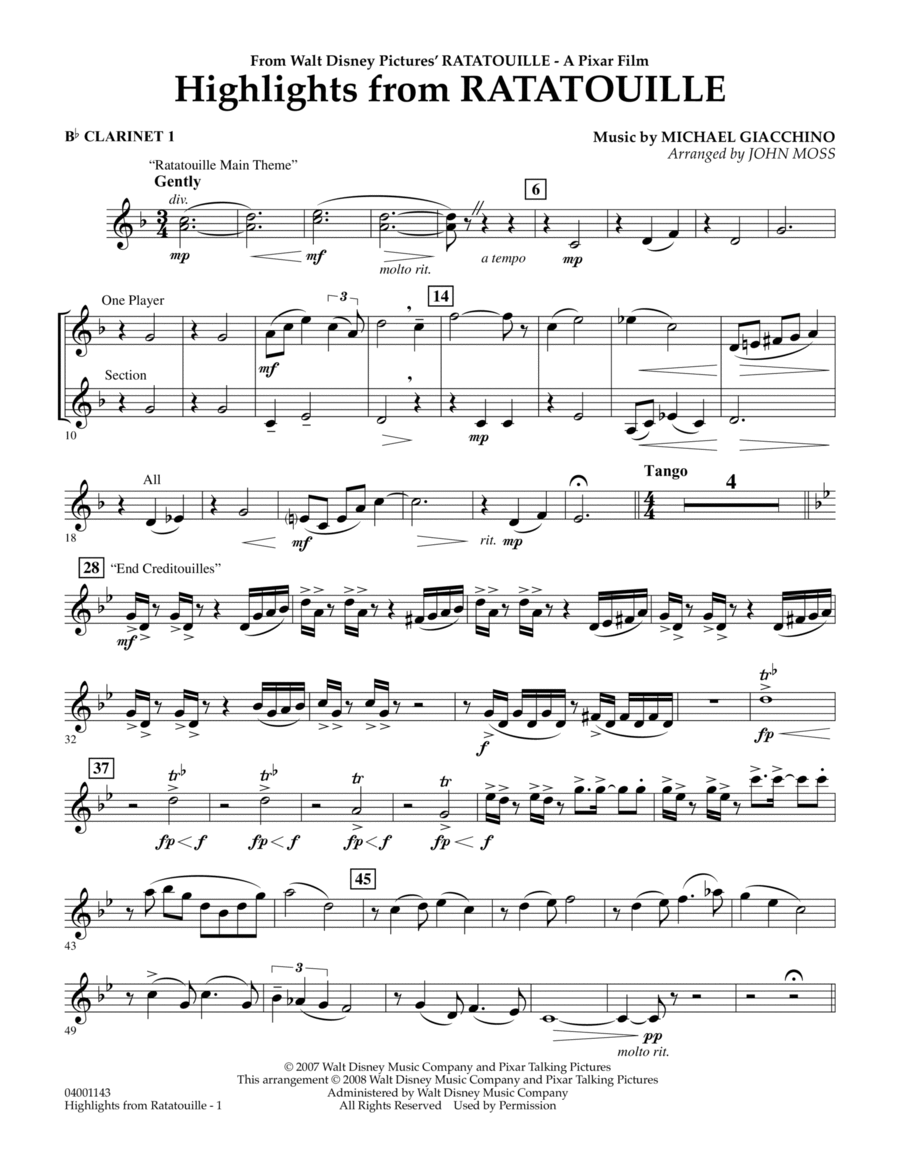 Highlights from Ratatouille - Bb Clarinet 1 B-Flat Clarinet scores gallery preview page 1