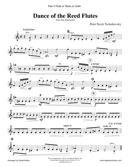 Dance of the Reed Flutes from the Nutcracker for String Trio (2 Violins, Cello) Set of 3 Parts