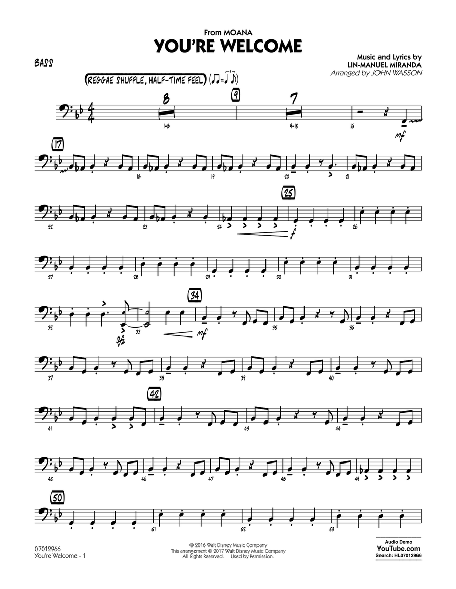 You're Welcome (from Moana) (arr. John Wasson) - Bass Part scores gallery preview page 1