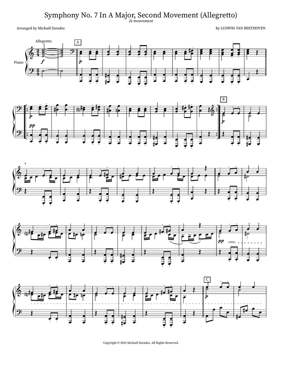 Symphony No. 7 In A Major, Second Movement (Allegretto) Piano scores gallery preview page 1