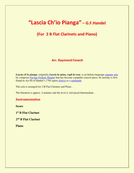 Lascia Ch'io Pianga - From Opera 'Rinaldo' - G.F. Handel ( 2 B Flat Clarinets and Piano) image number null