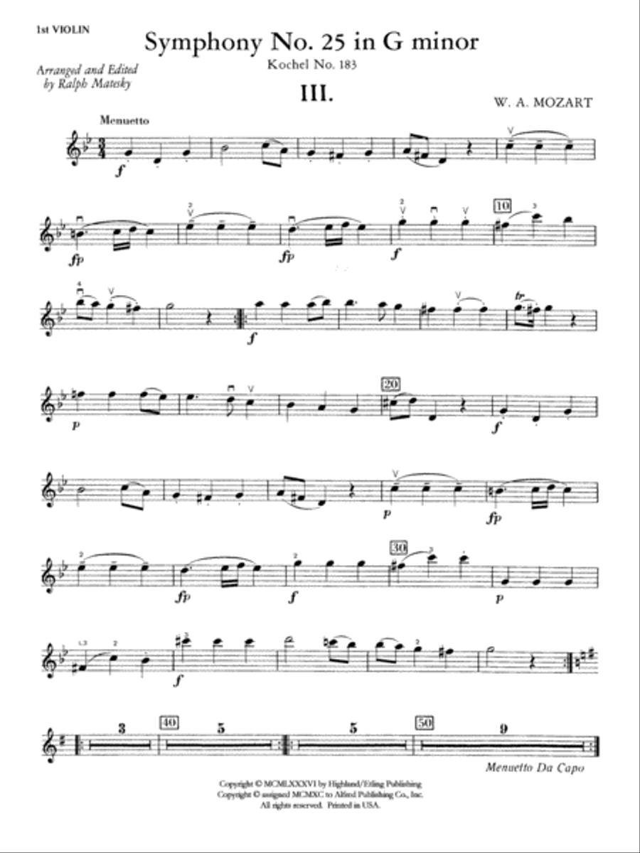 Mozart's Symphony No. 25 in G Minor, 3rd & 4th Movements: 1st Violin Full Orchestra scores gallery preview page 1