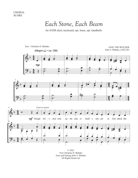 Each Stone, Each Beam, John A. Behnke, SATB, congregation, and keyboard (small version), JAB055 (rep image number null