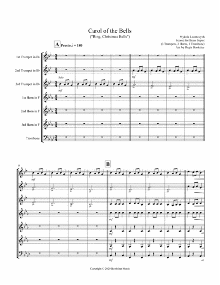 Carol of the Bells (F min) (Brass Septet - 3 Trp, 3 Hrn, 1 Trb) Brass Ensemble scores gallery preview page 1