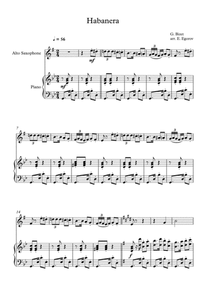 Habanera, Georges Bizet, For Alto Saxophone & Piano image number null