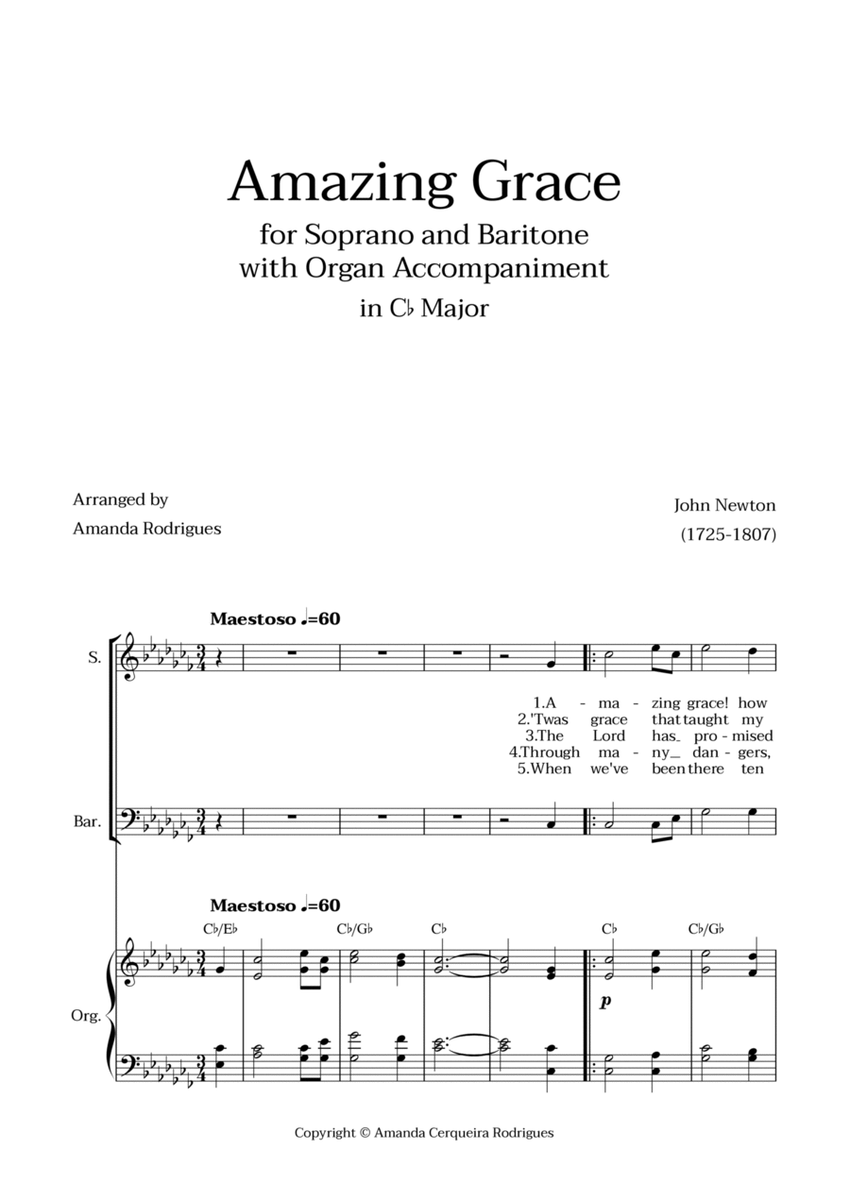 Amazing Grace in Cb Major - Soprano and Baritone with Organ Accompaniment and Chords image number null