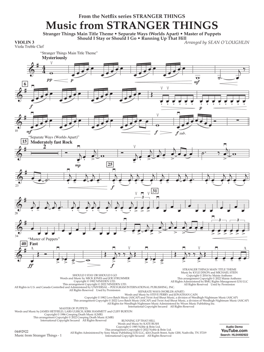 Music from Stranger Things - Violin 3 (Viola Treble Clef) String Orchestra scores gallery preview page 1