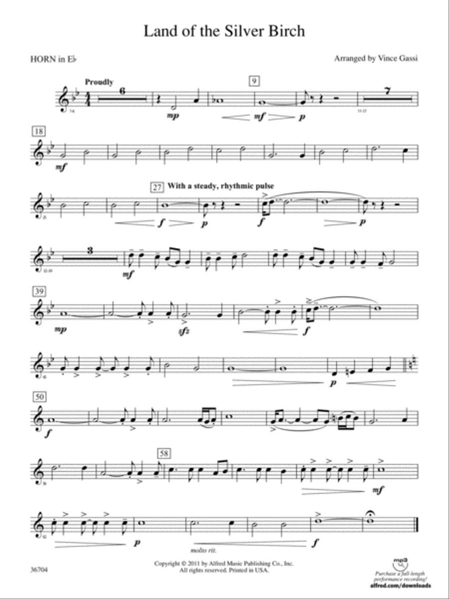Land of the Silver Birch: (World Part) 1st Horn in E-flat Concert Band scores gallery preview page 1