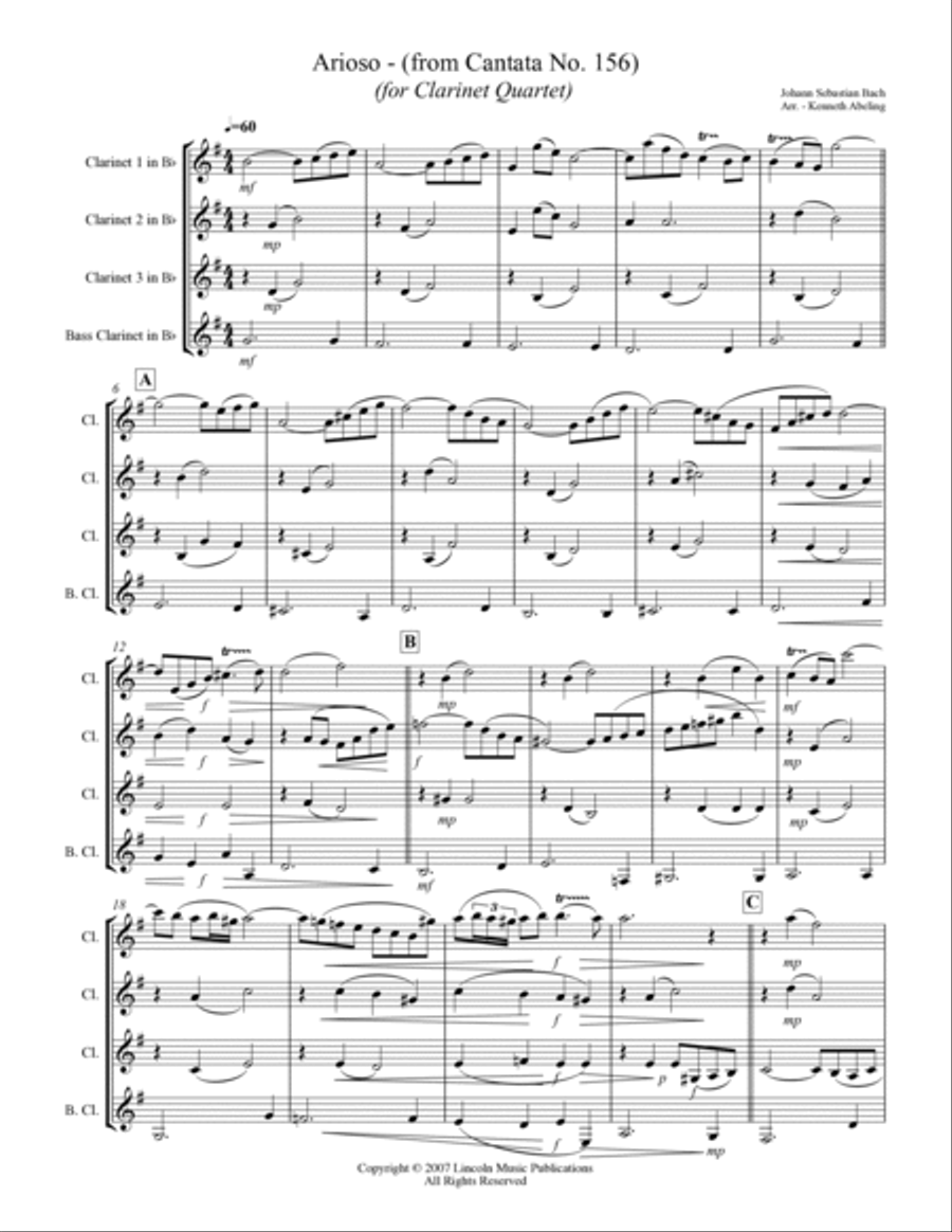 Arioso - from Cantata No. 156 (for Clarinet Quartet) Clarinet Quartet scores gallery preview page 2