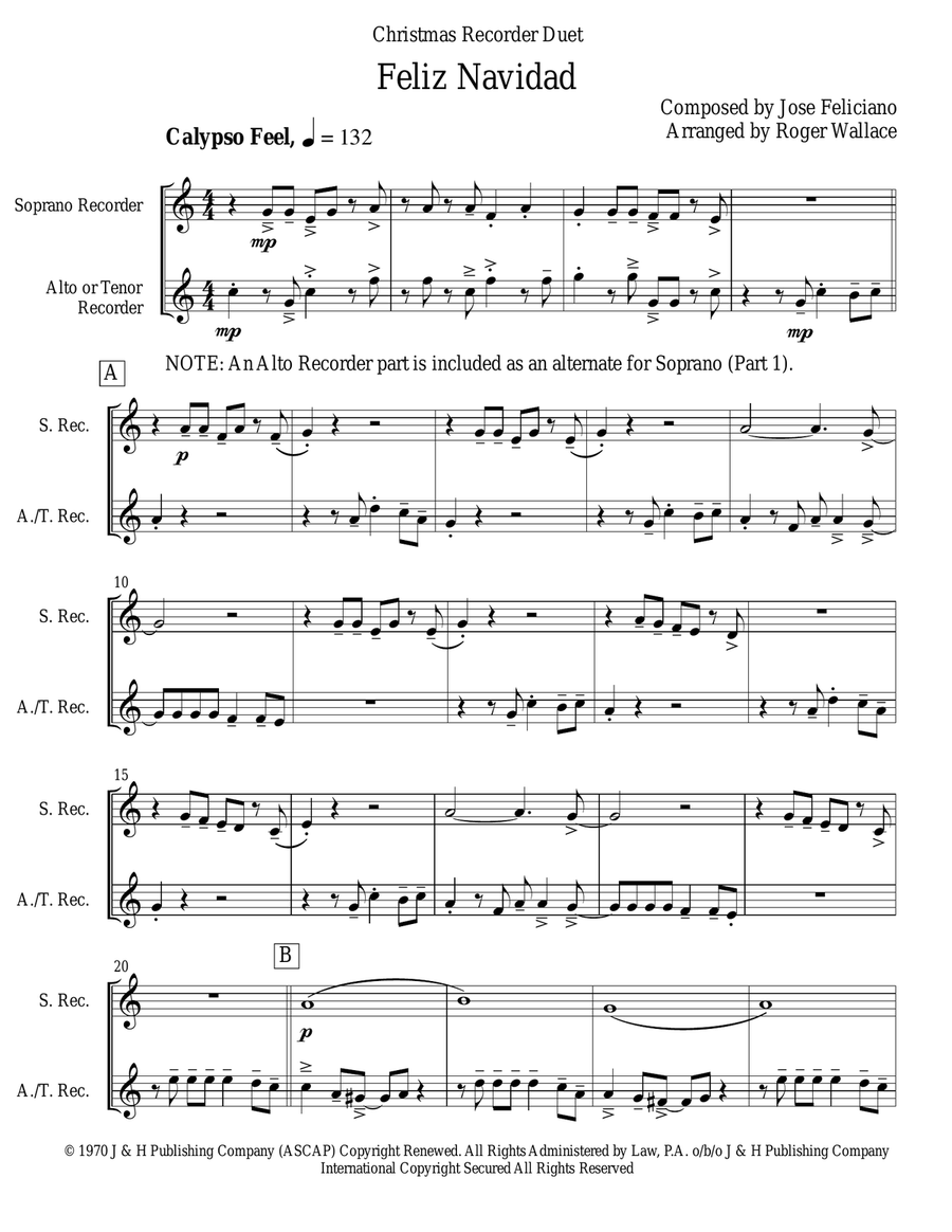 Feliz Navidad Woodwind Duet scores gallery preview page 1