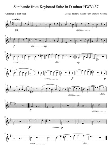 Handel : Sarabande from Keyboard Suite in D minor HWV437 (for clarinet quartet) image number null