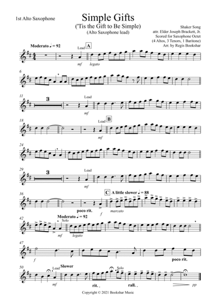 Simple Gifts ('Tis the Gift to Be Simple) (F) (Saxophone Octet - 4 Alto, 3 Tenor, 1 Bari) (Alto lead