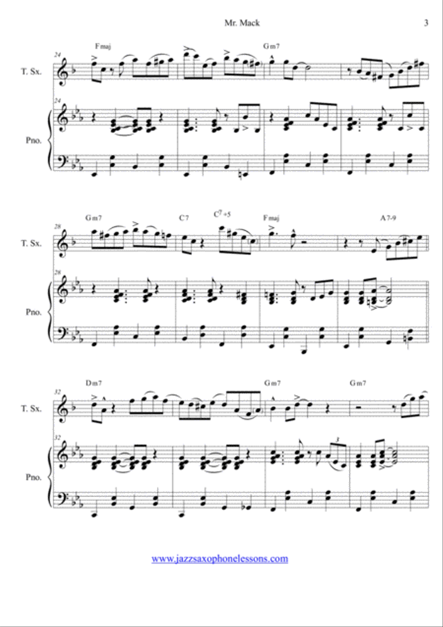 Mr. Mack for Tenor Saxophone and Piano (based on Mack The Knife chord progression by Kurt Weill) Woodwind Duet scores gallery preview page 4