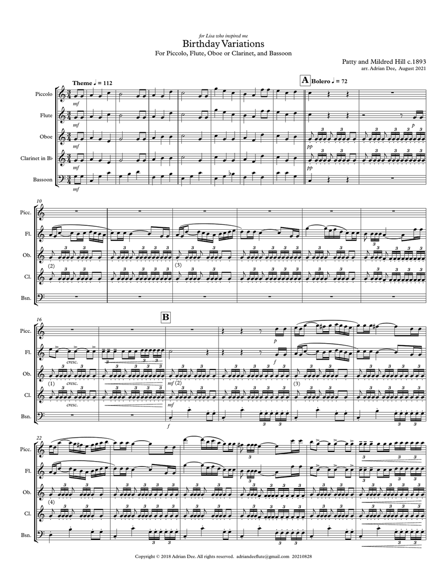 Birthday Variations for Wind Quartet (picc, fl, ob/cl, bsn) Woodwind Quartet scores gallery preview page 3