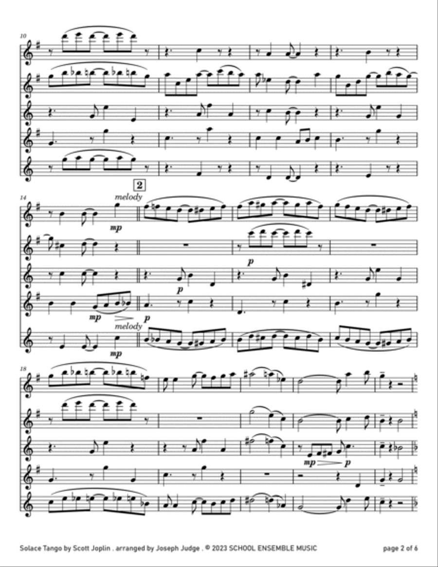 Solace Tango by Scott Joplin for Saxophone Quartet in Schools Saxophone Quartet scores gallery preview page 2