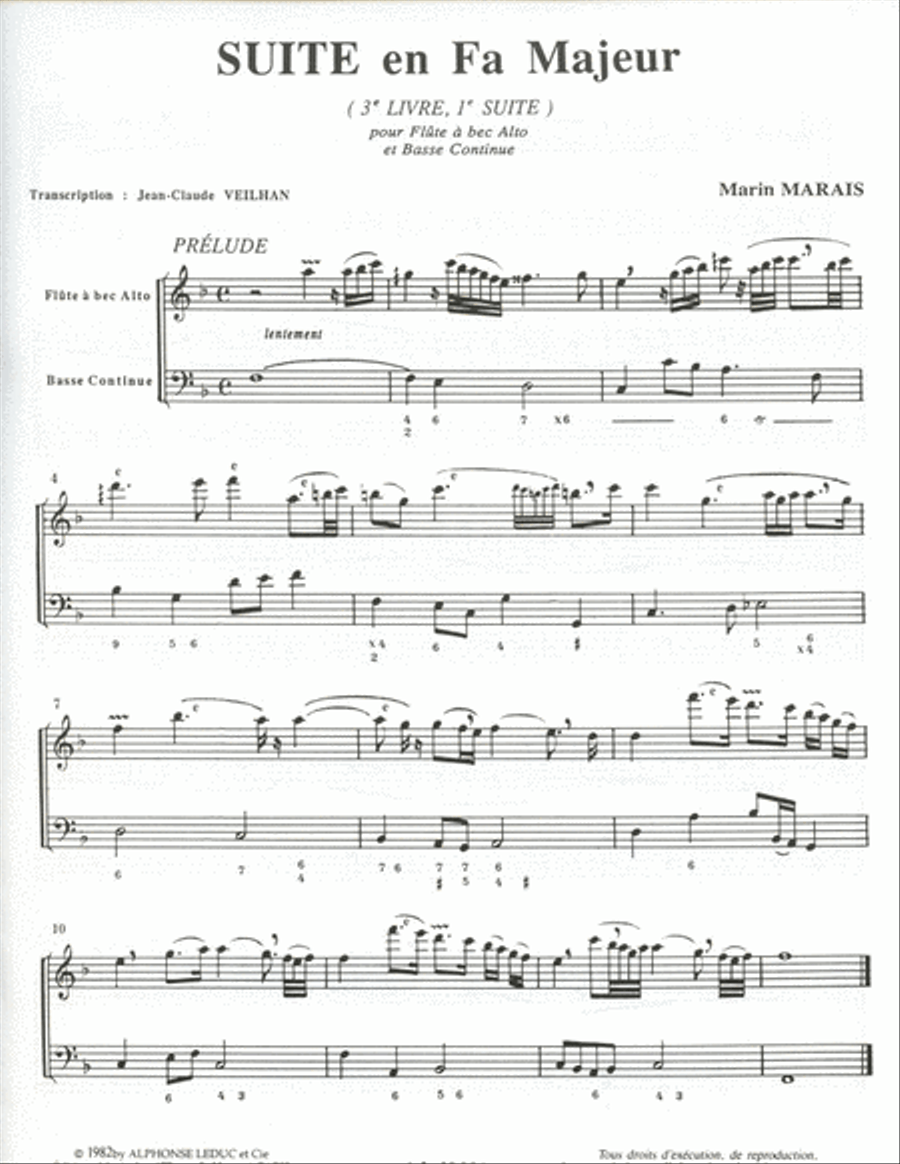 Marais Veilhan Suite In F Major Treble Recorder & Basso Continuo Bk