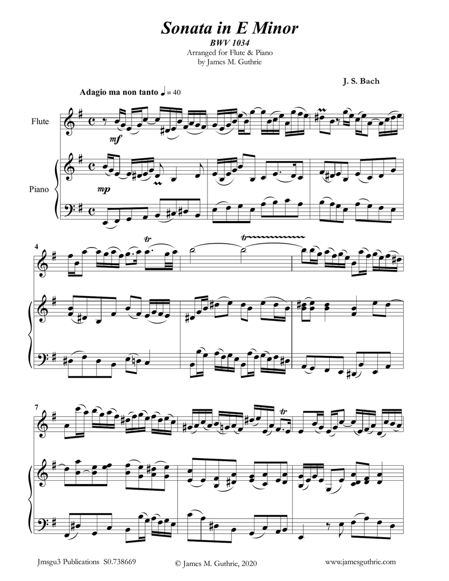 BACH: Sonata in E Minor BWV 1034 for Flute & Piano Flute Solo scores gallery preview page 1
