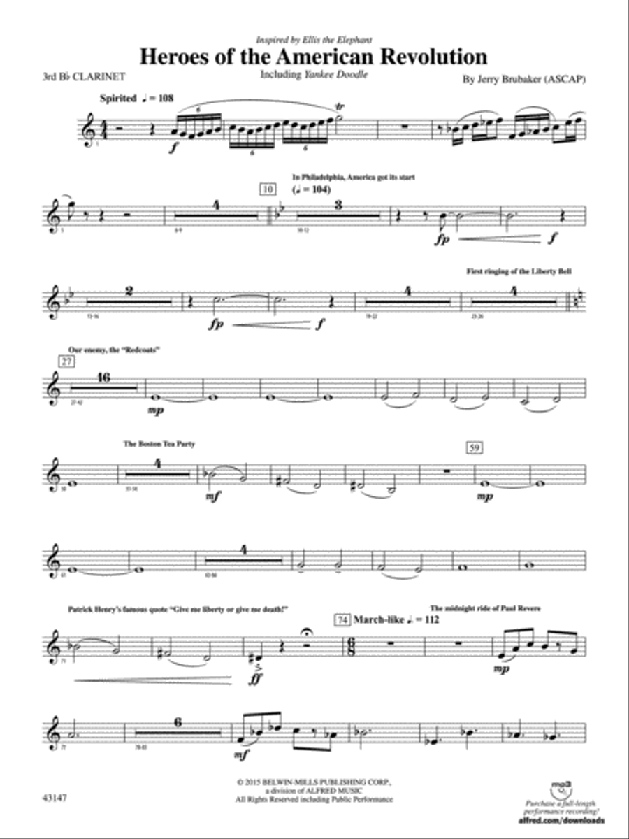 Heroes of the American Revolution: 3rd B-flat Clarinet Concert Band scores gallery preview page 1
