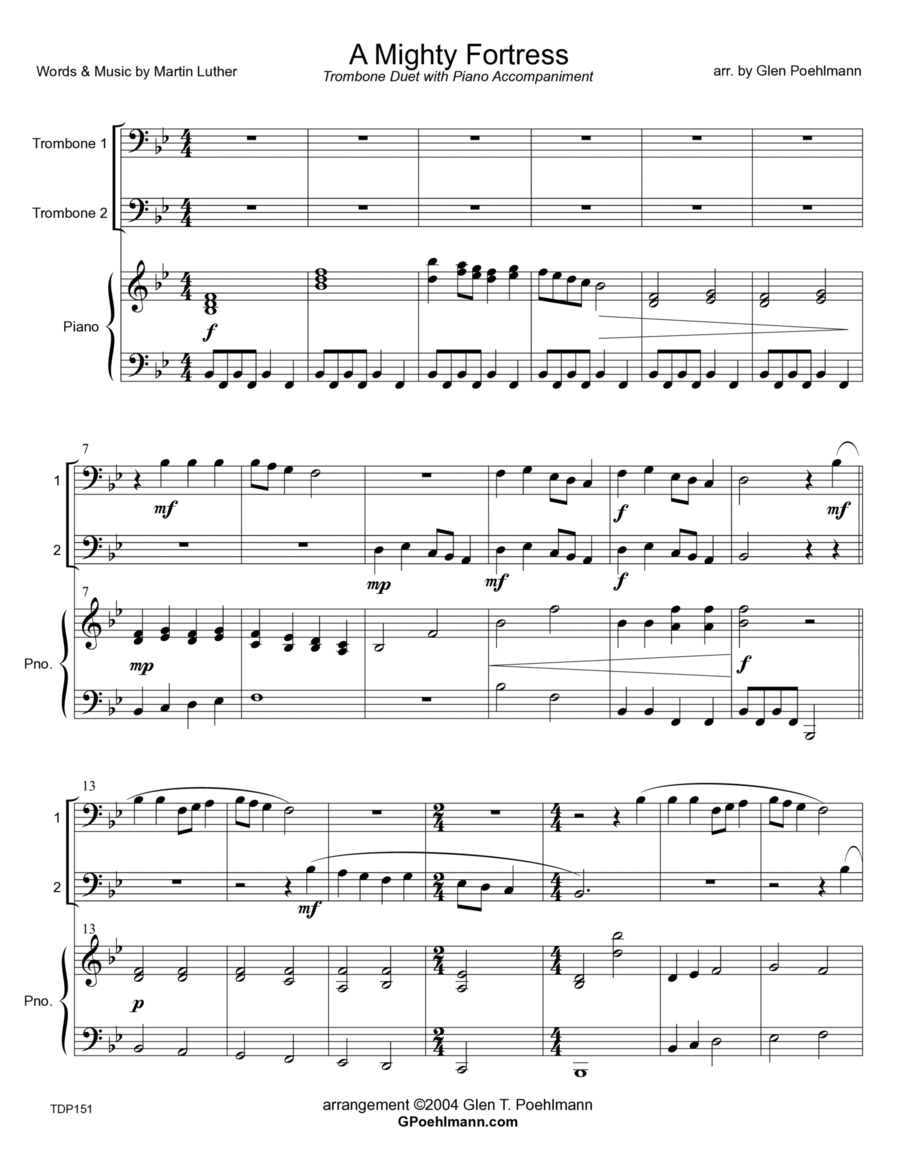 A MIGHTY FORTRESS - TROMBONE DUET with Piano Accompaniment (Grade 2-) Trombone Duet scores gallery preview page 1