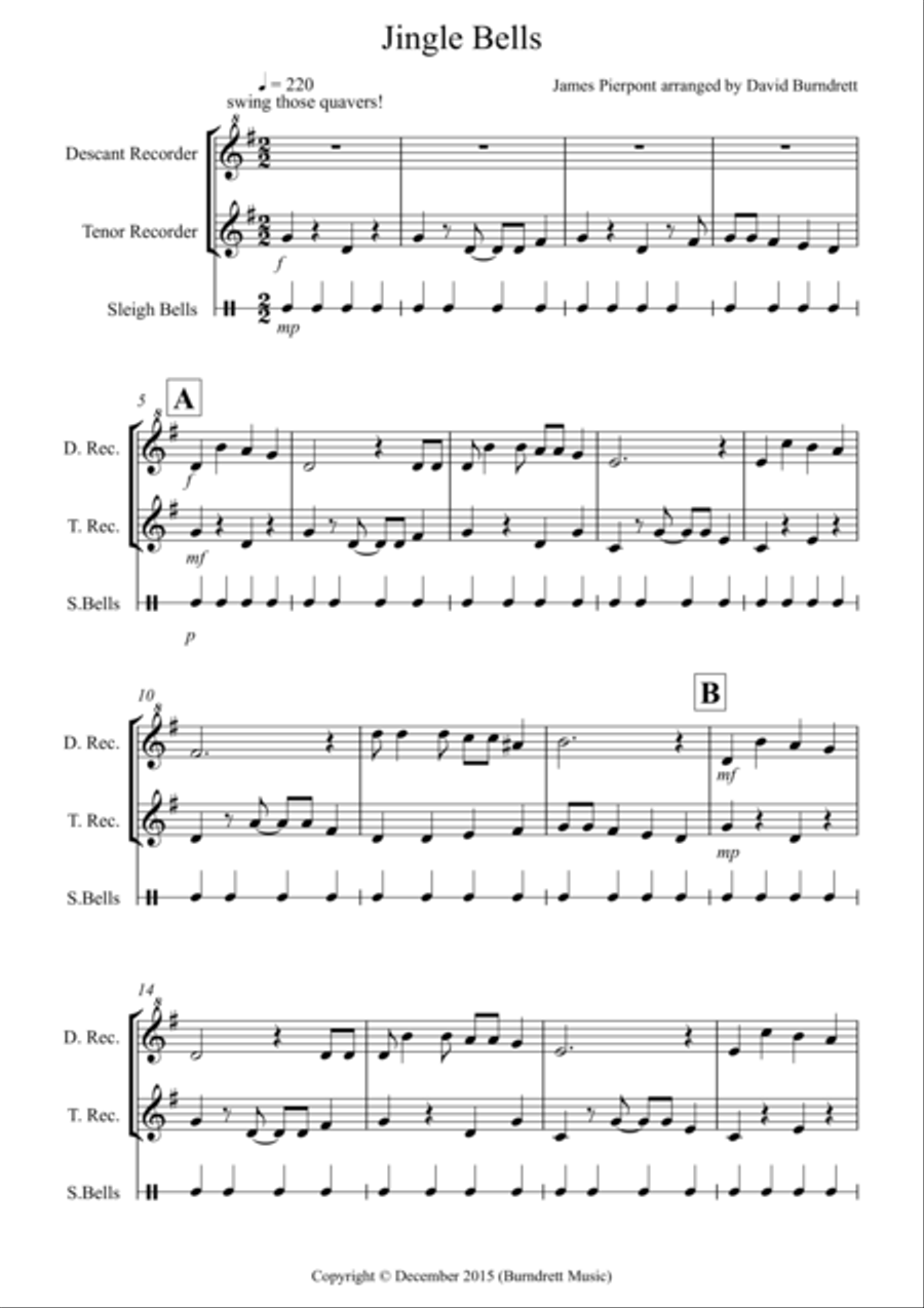 Jingle Bells (Jazzy Style!) for Descant and Tenor Recorder Duet Small Ensemble scores gallery preview page 1