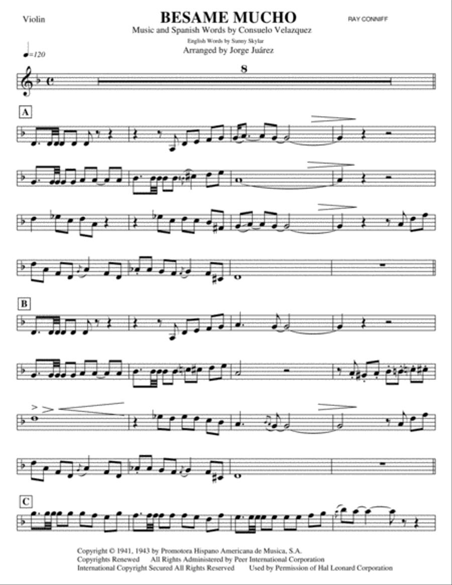 Besame Mucho (Kiss Me Much) Violin Solo scores gallery preview page 1