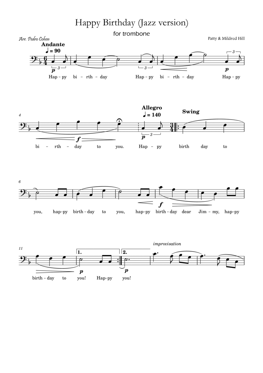 Happy Birthday (jazz version) Trombone Solo scores gallery preview page 1