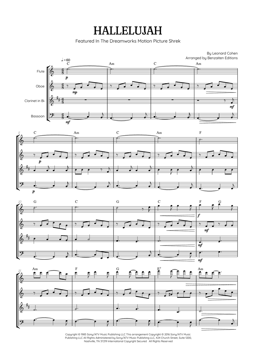 Hallelujah Woodwind Quartet scores gallery preview page 1