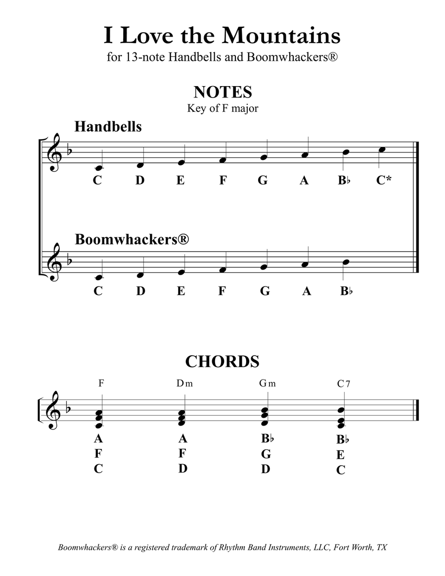 I Love the Mountains (for 13-note Bells and Boomwhackers with Black and White Notes) Handbell Choir scores gallery preview page 3
