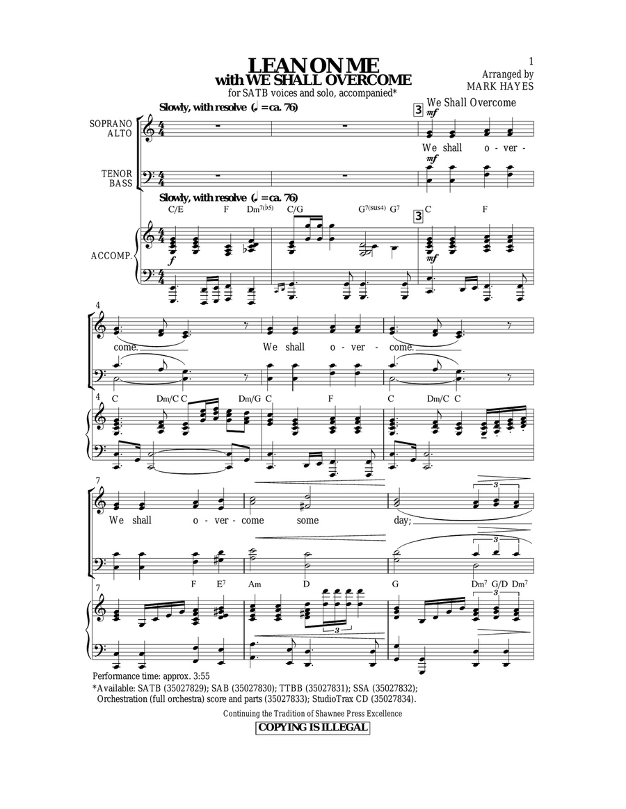 Lean On Me (with We Shall Overcome) 4-Part scores gallery preview page 1