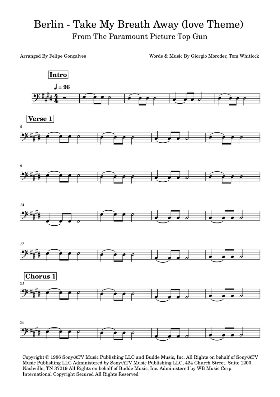Take My Breath Away (Love Theme) Double Bass scores gallery preview page 1