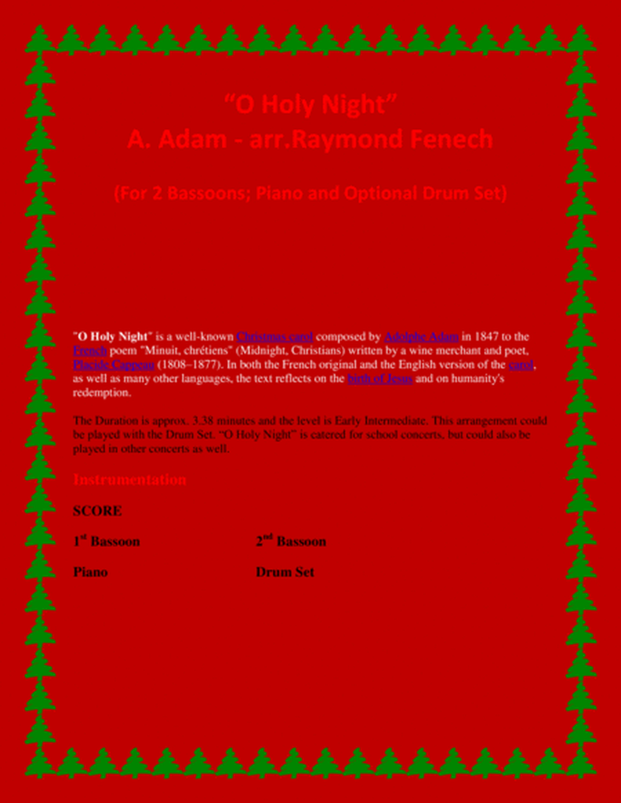 O Holy Night - 2 Bassoons, Piano and Optional Drum Set - Intermediate Level image number null