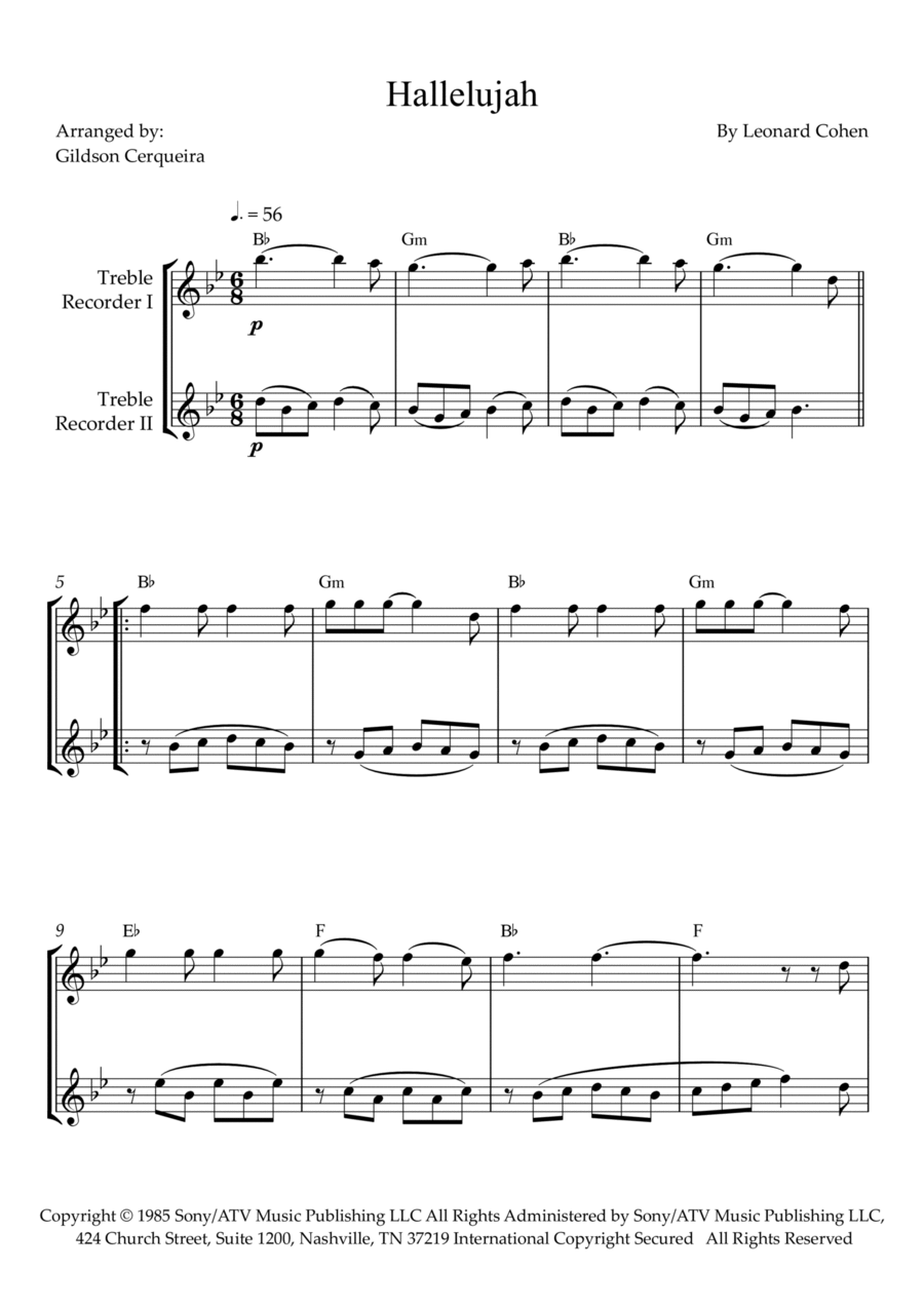 Hallelujah Woodwind Duet scores gallery preview page 1