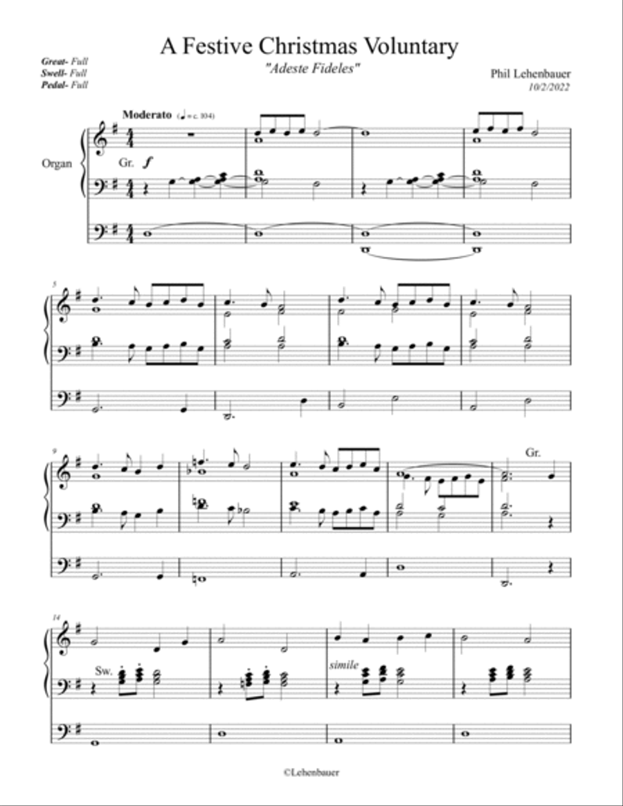 A Festive Christmas Voluntary (Adeste Fideles), organ work by Phil Lehenbauer Organ Solo scores gallery preview page 2