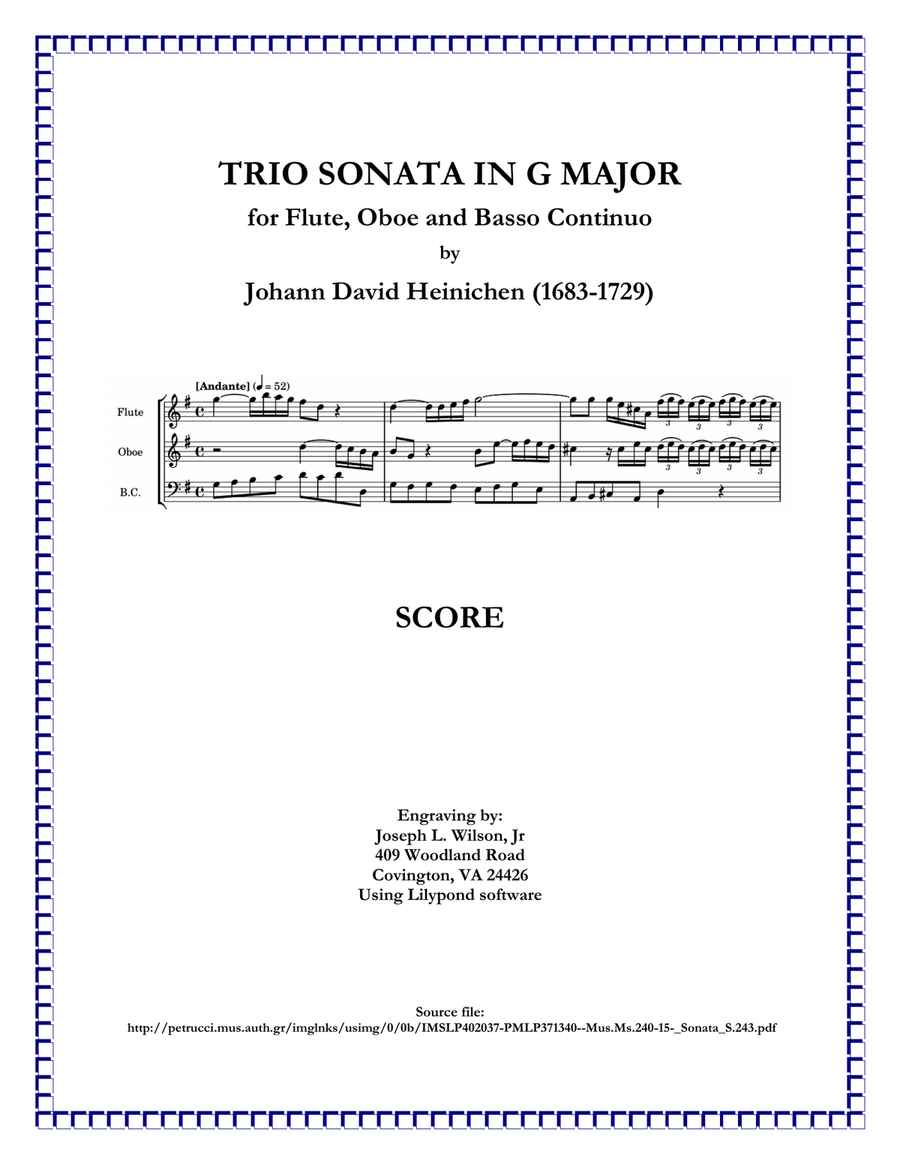 Heinichen Trio Sonata in G Major, S. 243 Heinichen Trio Sonata in G Major, S. 243 Small Ensemble scores gallery preview page 1
