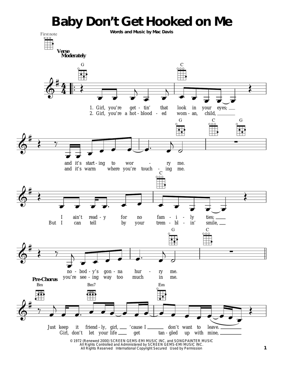 Baby Don't Get Hooked On Me Ukulele scores gallery preview page 1