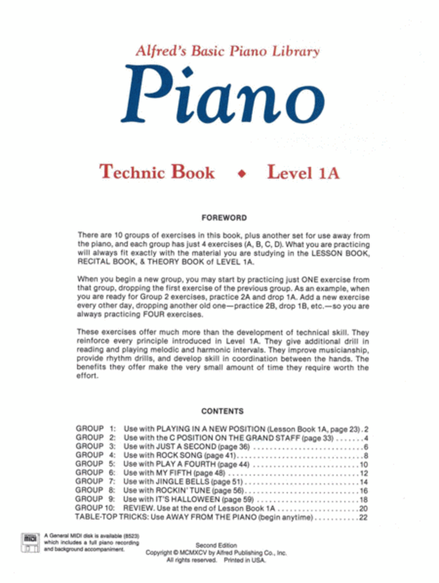 Alfred's Basic Piano Course Technic, Level 1A